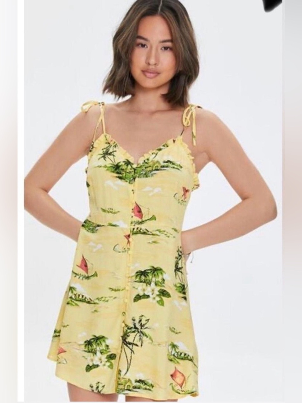 Forever 21 S Yellow Tropical Mini Dress V-Neck Button Ruffle Strappy Sleeveless